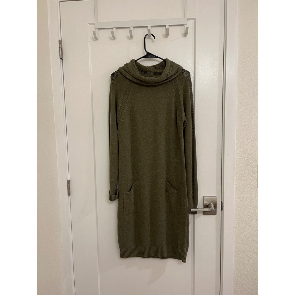 Prana Wool Blend Organic Cotton Sweater Dress Turtleneck Green Fall Classic